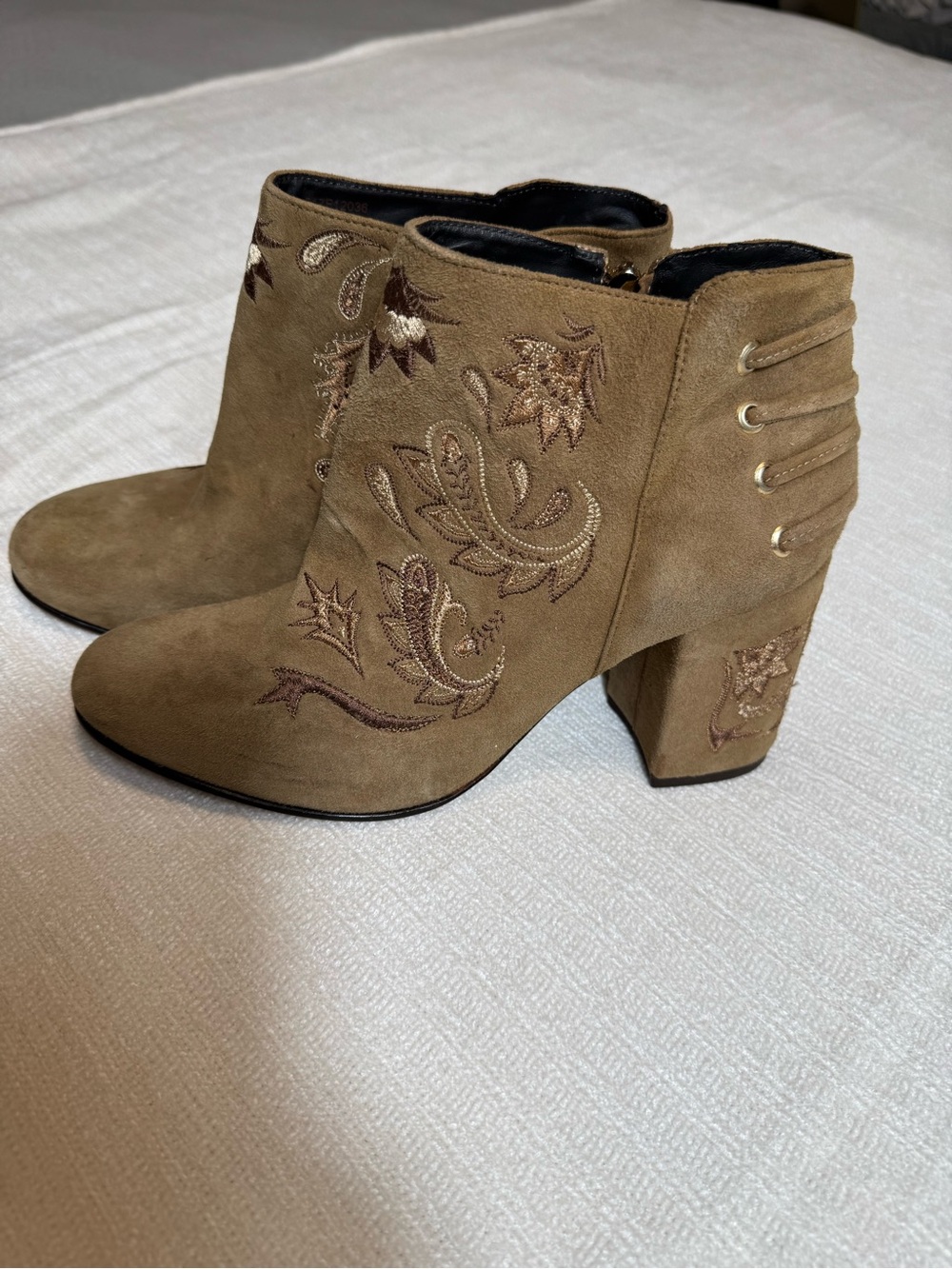 Rachel Zoe Taupe Suede Embroidered Ankle Boots